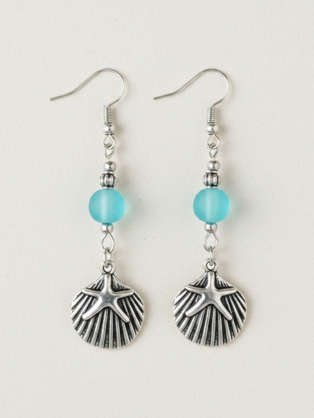 Ocean-Inspired Seashell, Starfish and Blue Sea-glass Earrings